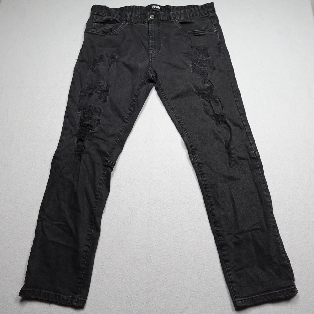 FbRK Pants Mens 38x32 Black Skinny Stretch Distressed Cotton Denim Slim Fit